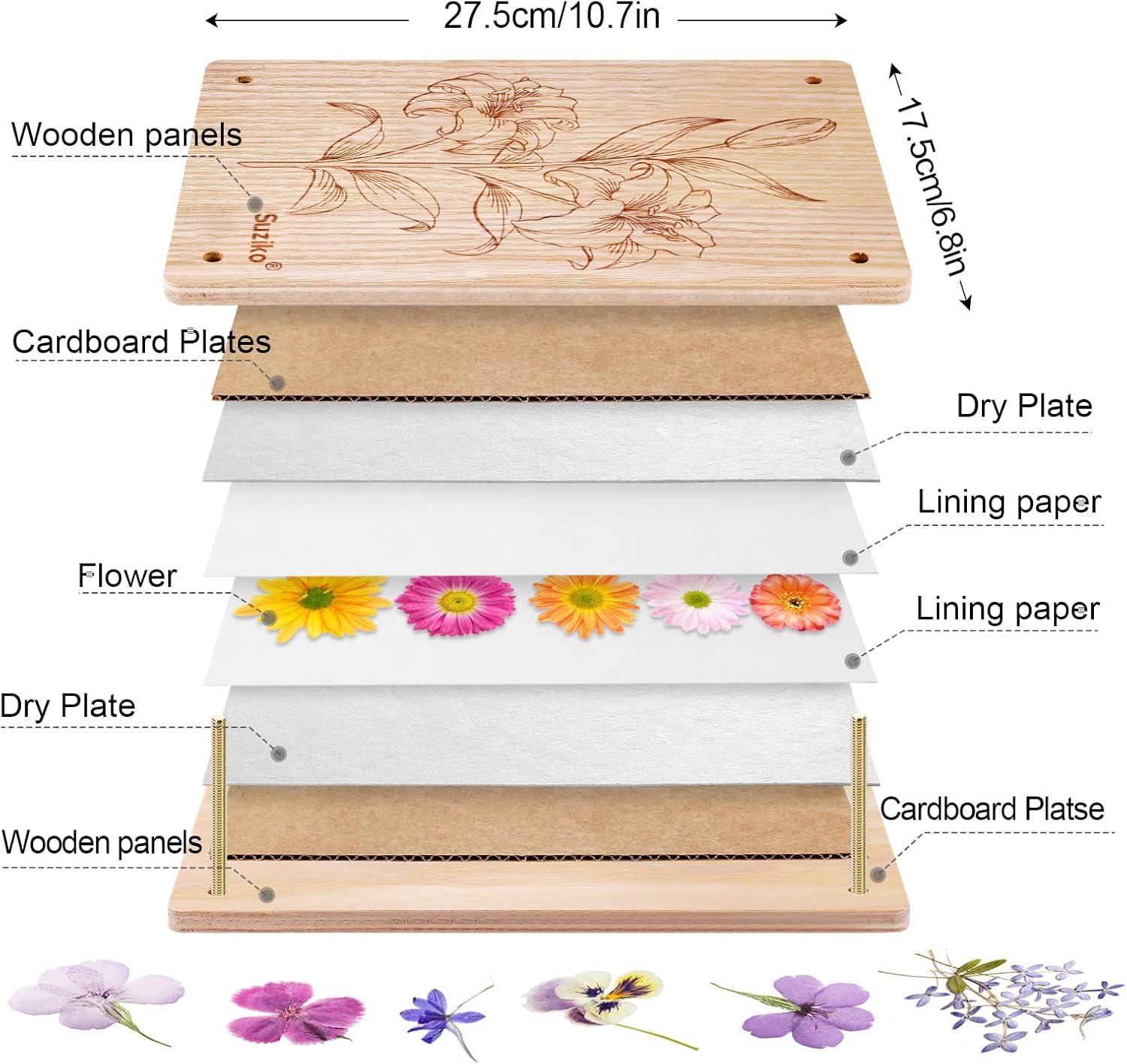 Suziko Large Flower Press Kit with Lilly Pattern for Adults & Kids - 10.8 x 6.9 Inch Flower and Leaf Preservation Art Craft Kit, Great Gift for Nature Lovers