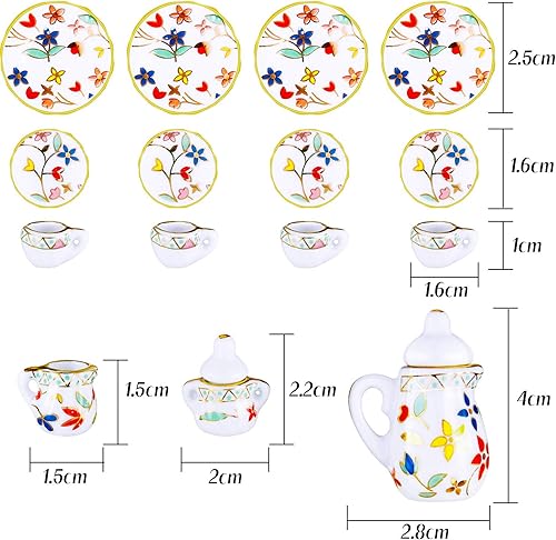 Miniatura 2 de Juego de 30 tazas de té en miniatura de porcelana con diseño de flores, juego de platos de té, accesorios de cocina para casa de muñecas