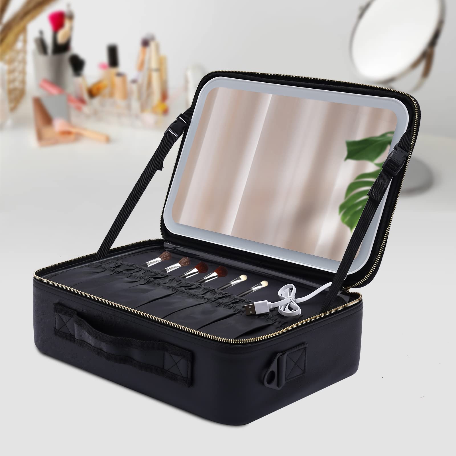 Kosmetiktasche mit LED Spiegel & 3 Lichtfarben, PU Make-up Tasche für Reise | Dimmbar, 2000-mAh-Akku und flexible Fächer für Kosmetik, Schmuck und Hautpflege