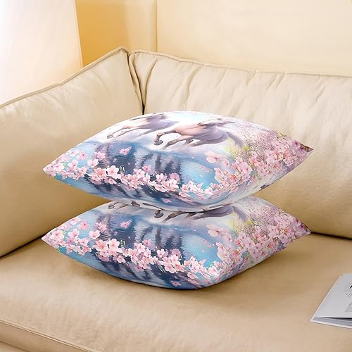 Miniatura 3 de Funda de almohada con diseño de caballo de acuarela de 16 x 16 pulgadas, funda de almohada de animales salvajes con flores de cerezo rosa para