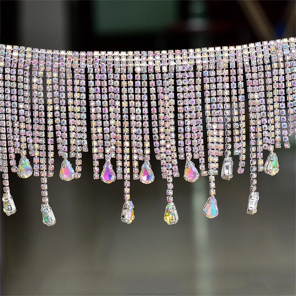 45Cm/Lot Sewing Glitter Clear Triangle Fringe Rhinestone Chain Metal Tassel Trim Crystal Applique 4 Uneven in Length
