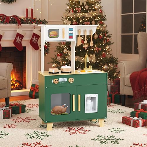 HONEY JOY Play Kitchen, juego de cocina retro de juguete de madera con estufa, fregadero, grifo, microondas, máquina de hielo, utensilios de cocina,