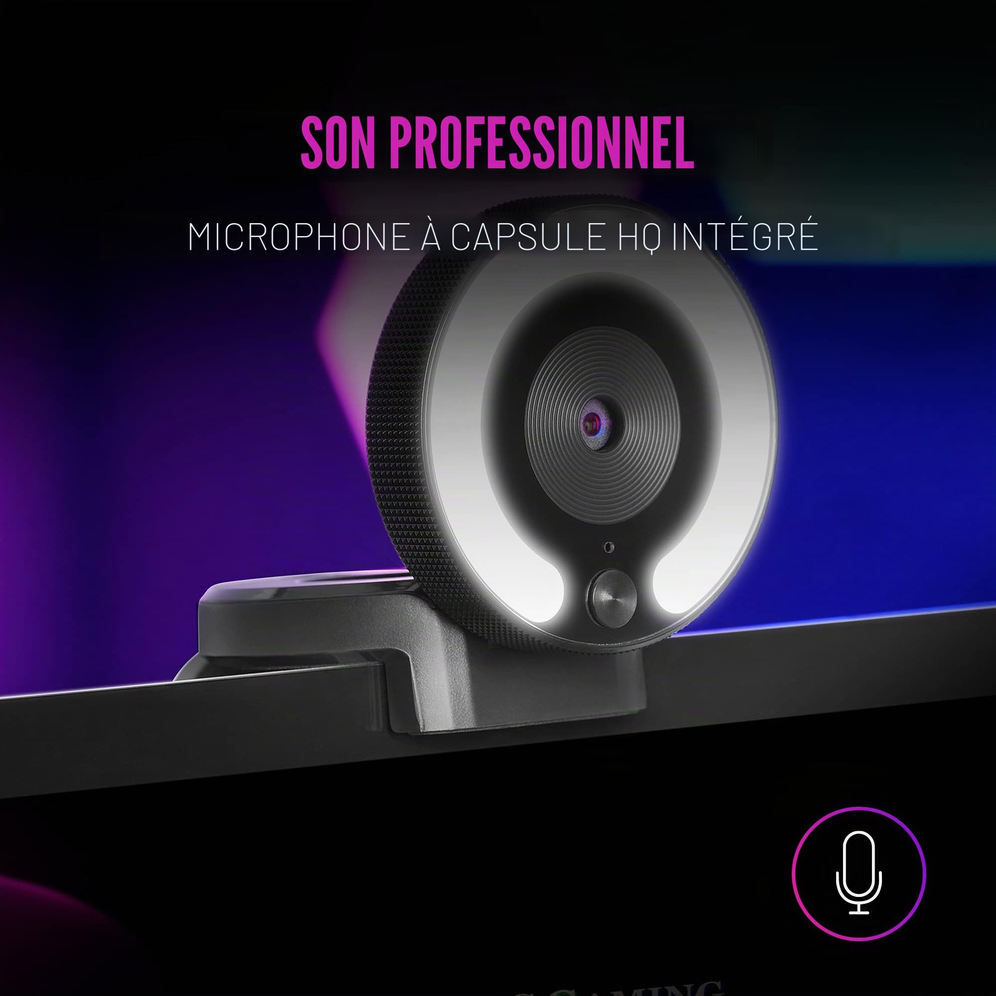 Mars Gaming MWPRO Noir, Webcam Full HD, Optique 90º, Anneau d'Illumination, Microphone HQ