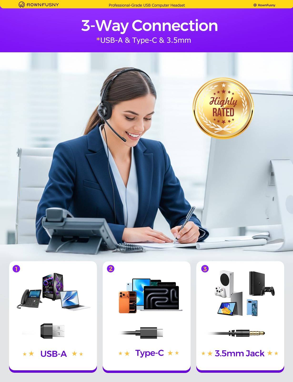 Zestaw słuchawkowy USB z mikrofonem do komputera, zestaw słuchawkowy z mikrofonem, mikrofon z redukcją szumów, do laptopa, call center, przewodowy zestaw słuchawkowy z mikrofonem do pracy