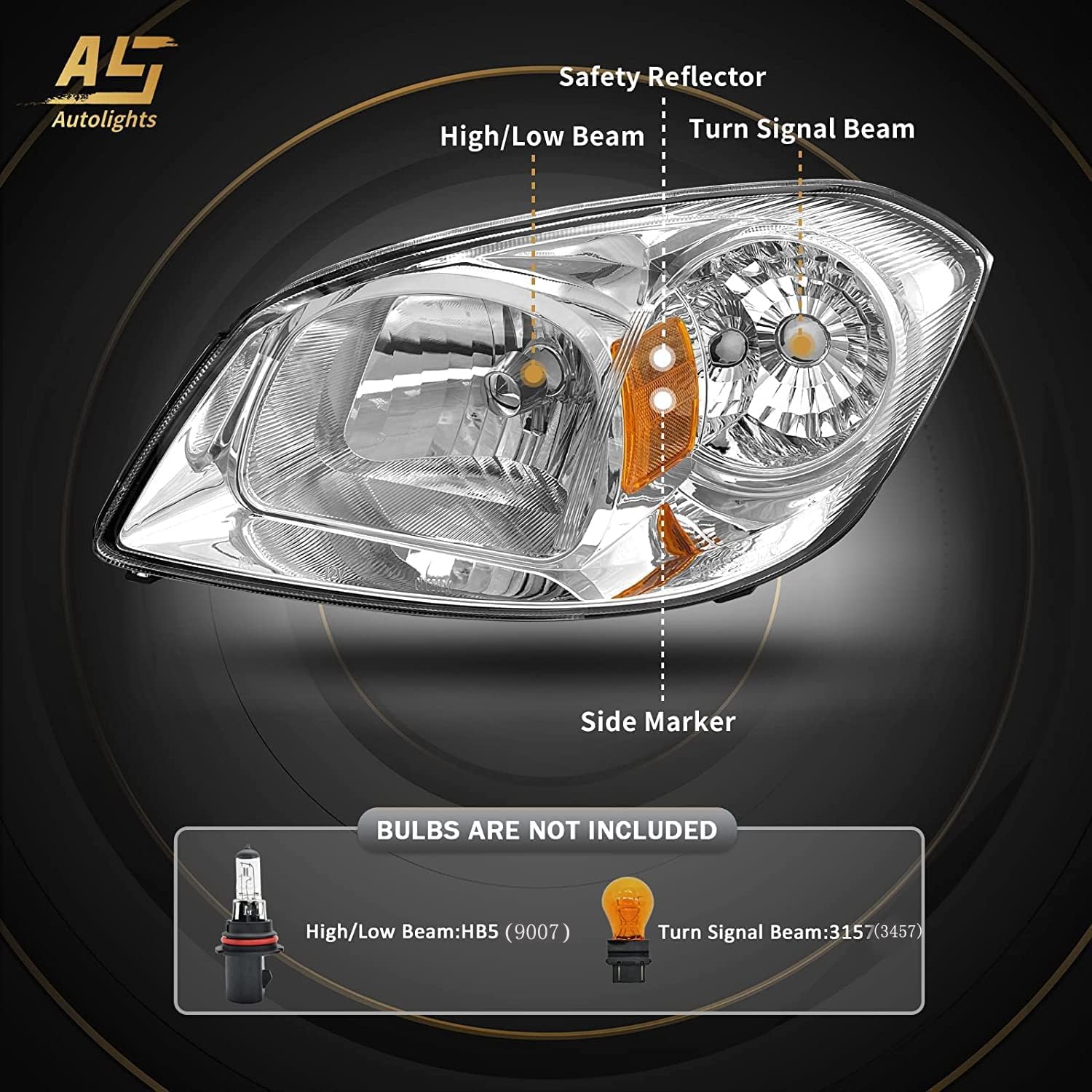 AS AUTOLIGHTS 2005 2006 2007 2008 2009 2010 Chevy Cobalt Headlight Assembly Replacement for 05-10 Chevy Cobalt/05-06 Pontiac Pursuit/07 08 09 Pontiac G5 Chrome Housing Amber Reflector Clear Lens Pair