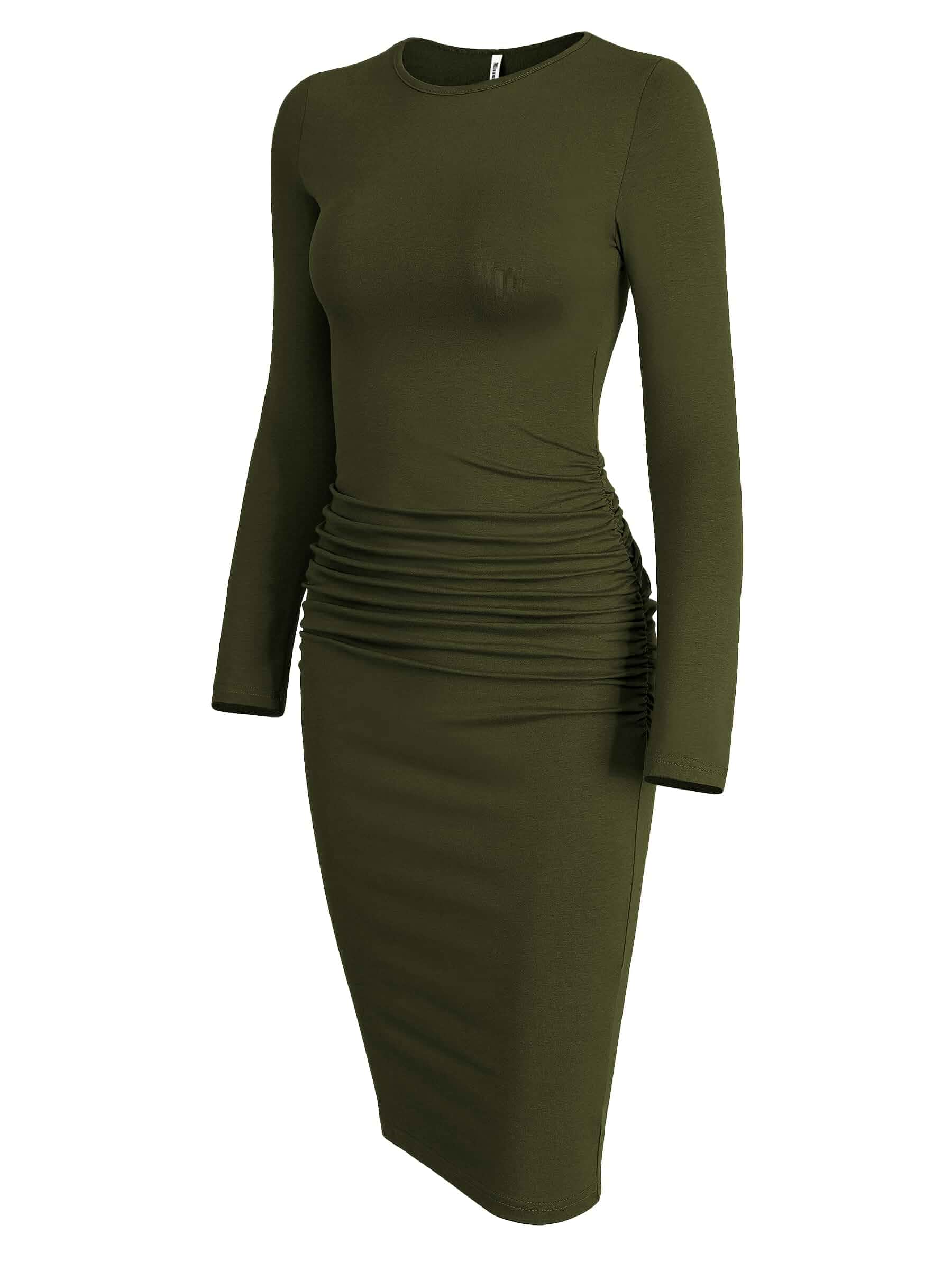 Missufe Women's Long Sleeve Slim Ruched Bodycon Dress 2025 Trendy Fall Casual Round Neck Sheath Knee Length Outfits Clothes Long Sleeve · Solid