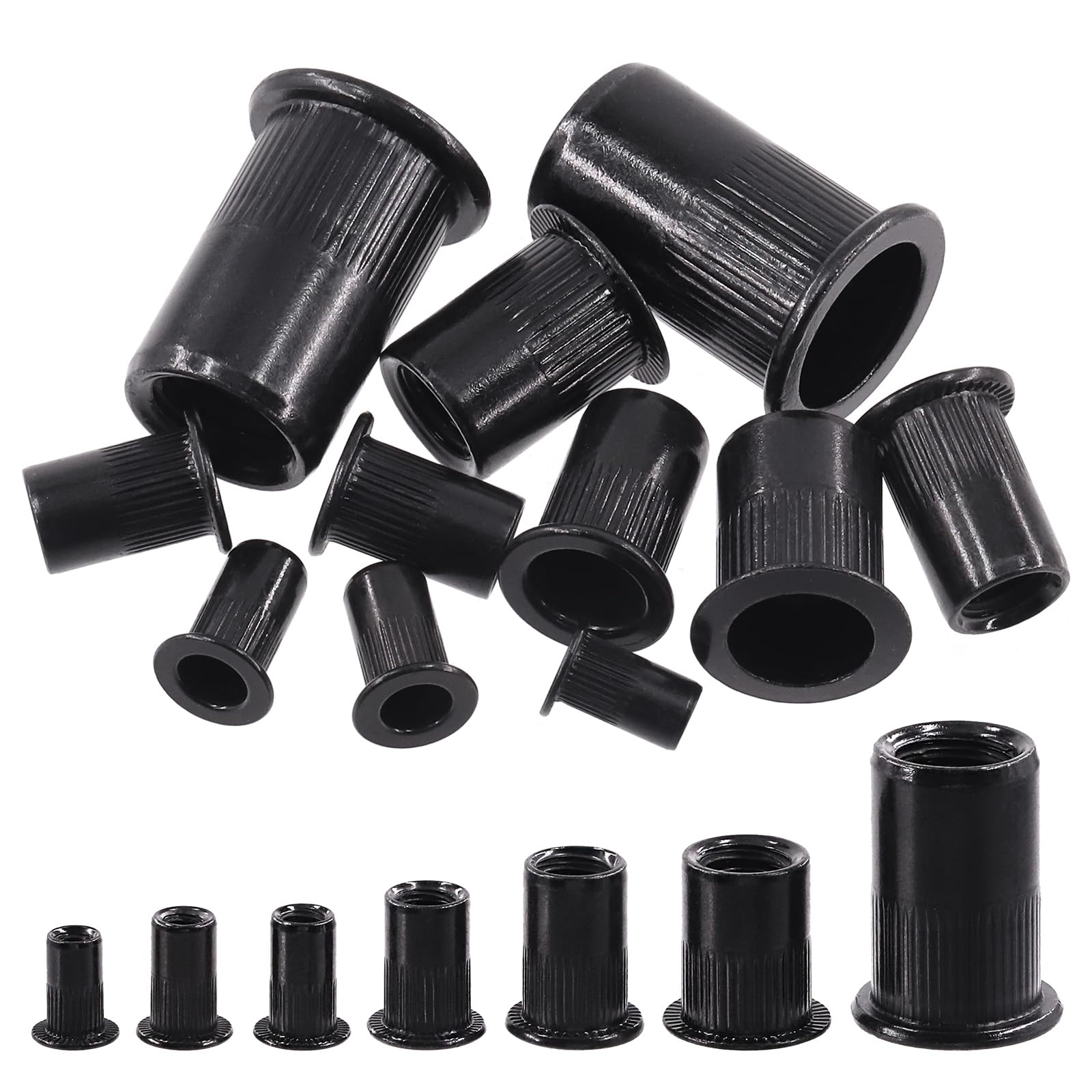 Swpeet Brand 100Pcs Carbon Steel Rivet Nuts Kit, SAE UNC #8-32, Black Zinc, Flat Head Threaded Insert Nut Assort
