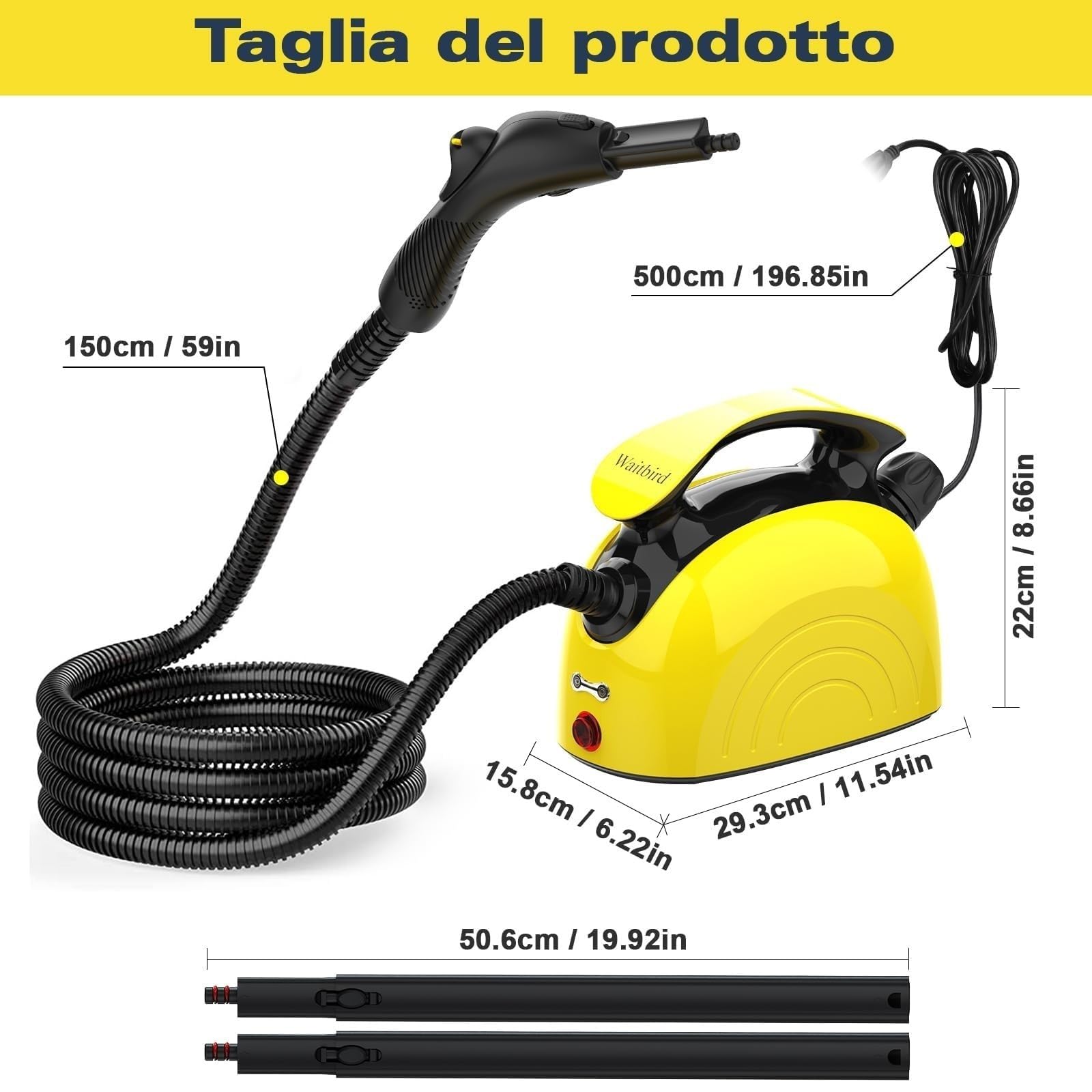 Waitbird Pulitore a vapore multifunzione per la casa, 4,5 bar ad alta pressione e 120 °C, 1500 W, riscaldamento rapido in 5 minuti, serbatoio da 1100 ml, 21 accessori, per pavimenti, divano