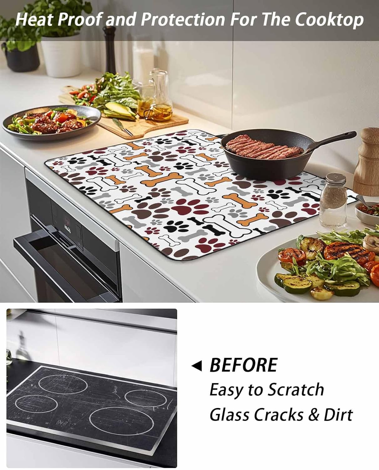 Dog Claws Bones Stove Cover for Electric Stove, Cartoon Animal Cute Stove Top Cover for Glass Top, Heat Insulation Rubber Mat Foldable Cooktop Top Protector, 24"x21"