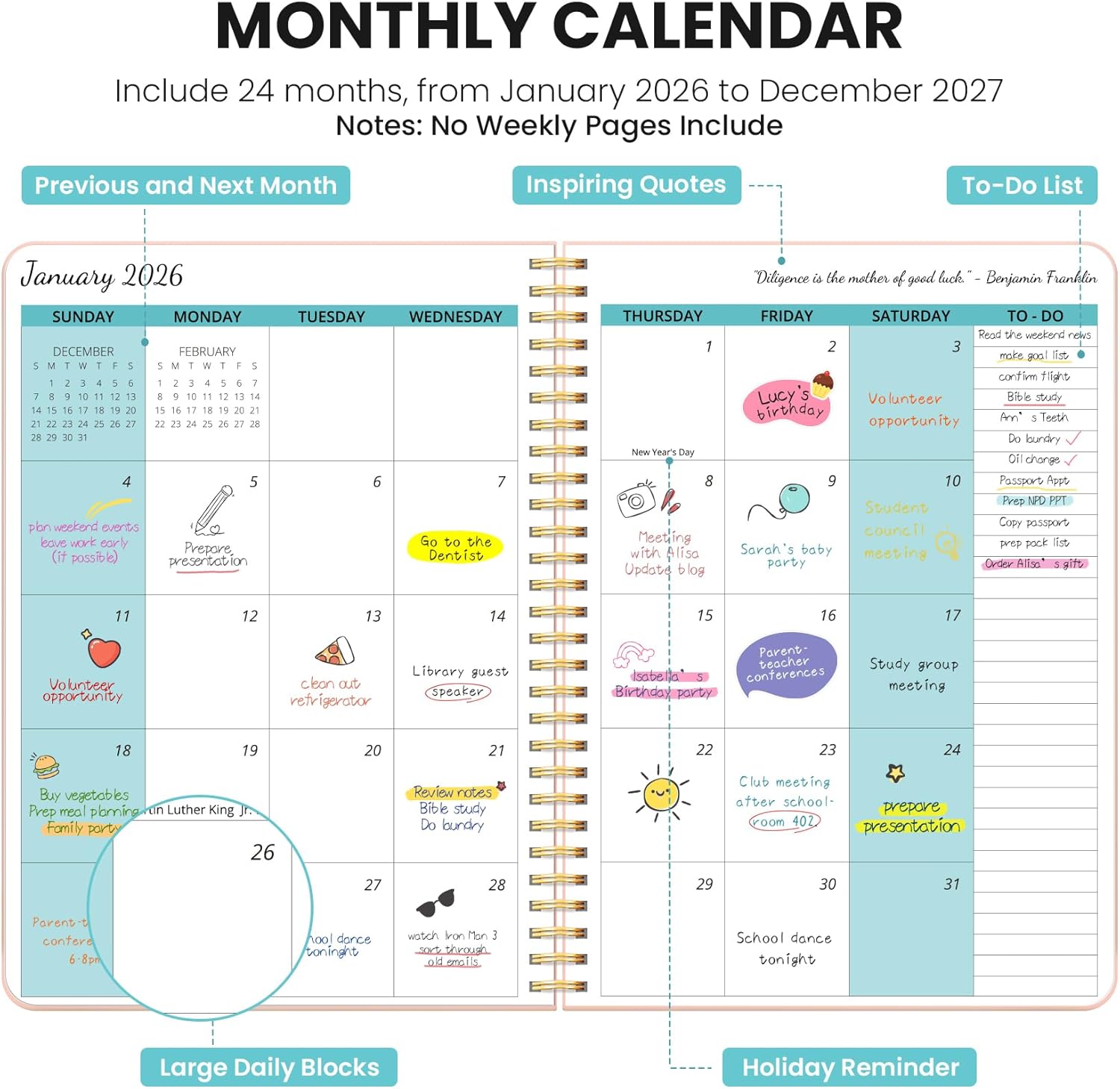Monthly Planner 2026-2027, 2 Year Months Calendar Planner 2026-2027, Runs from January 2026 - Decembe 2027, 7" x 10", 24 Months, Perfect for School Office Home Planning - Pink - Image 2