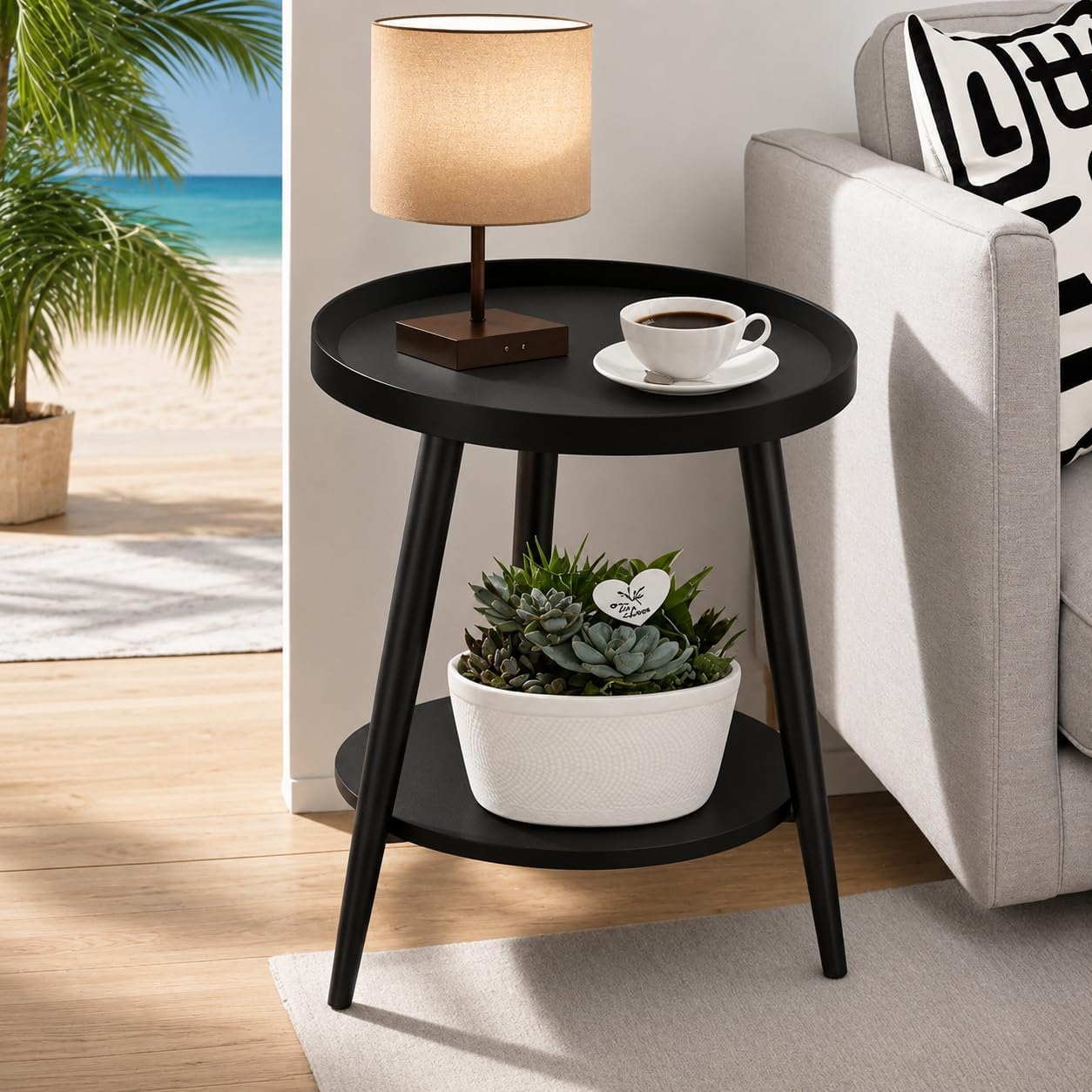 Black Side Table, Modern Side Table 2-Tier, Small Round End Table for Living Room, Metal Frames