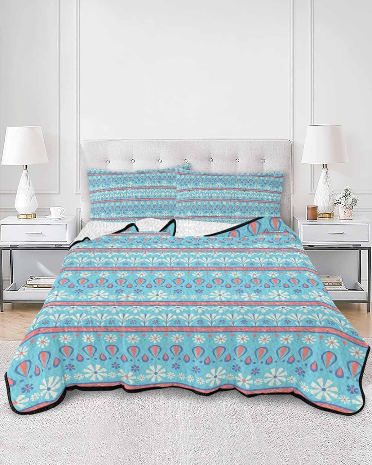 King Size Quilt Set, Boho Ethnic Style Lightweight Bedspread Coverlet Set Soft Microfiber Summer Quilt with 2 Pillow Shams, White Blue Pink Flower Line 3 Piece Comforter Bedding Set