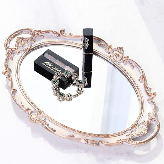 Zosenley Polyresin Ellipse Antique Decorative Mirror Tray, Makeup Organizer, Jewelry Organizer, Serving Tray, 9.8”x 14.6”, Golden Gray
