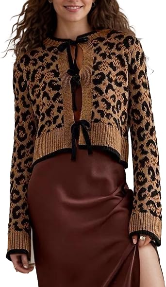 Kedera Women Leopard Cardigan Open Front Tie Up Sweaters Long Sleeve Cheetah Print Top Cropped Cardigan Jackets