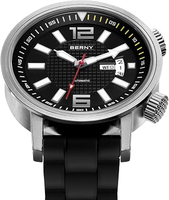 BERNY Automatic Mechanical Dive Watch for Men Self Winding Sport Silicon Strap Wristwatches Waterproof 20ATM Sapphire Glass Scratch Resistant Super Luminous