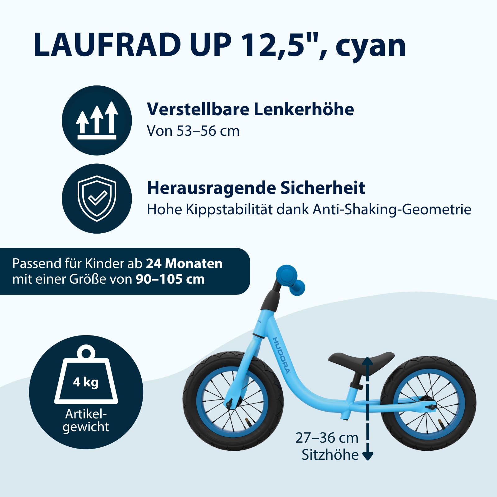 HUDORA Laufrad Up 12,5 Zoll in versch. Farben - Leichtes Lauflernrad - Gleichgewichtsrad mit hoher Kippstabilität - Lauflernspielzeug für Kinder - Kinderspielzeug mit 2 Rädern