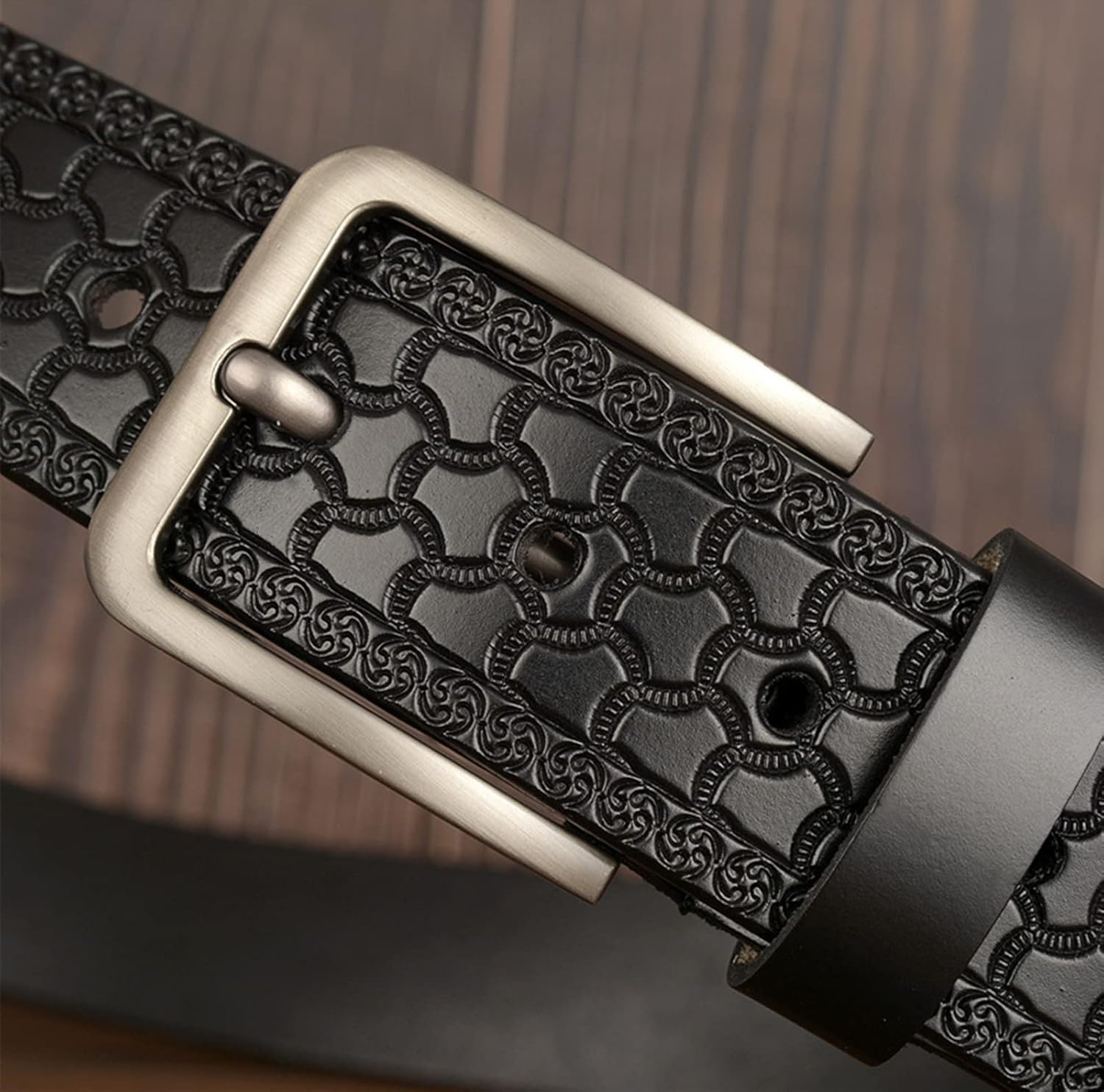 Men's Casual Genuine Leather Jeans Belts Vintage Leather Engraved Strap with Single Prong Buckle - Image 4