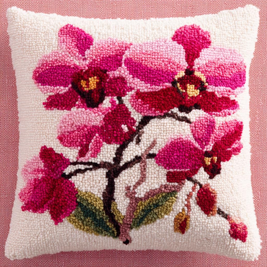 Taxpy DIY Rug Pillow Cover Latch Hook Cushion Kits, Orchid Flowers Needlework Pillow Cover Sofa Cushion Rug Making Kits,17x17inch