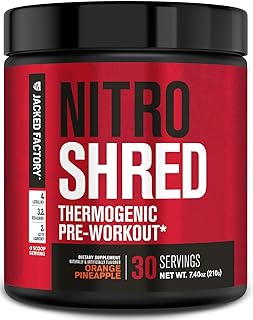 Jacked Factory NITROSURGE Shred Pre Workout Supplement - Energy Booster, Instant Strength Gains, Sharp Focus, Powerful Pumps - Nitric Oxide Booster & PreWorkout Powder - 30Sv, Orange Pineapple