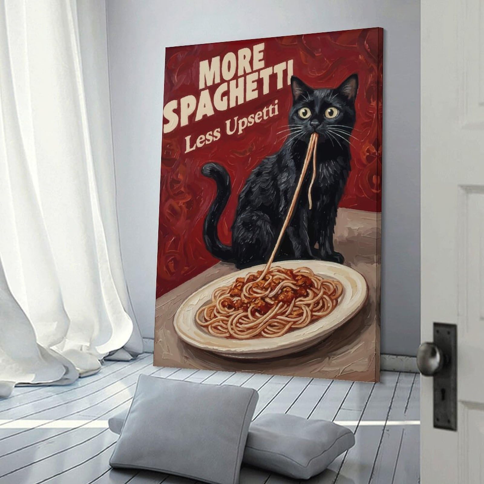 Junmoney Black Cat Eating Spaghetti Canvas Wall Decor, 16x24inch(40x60cm), for Office, Study Or Home Workspace, Wall Art That Adds Style to Work Areas