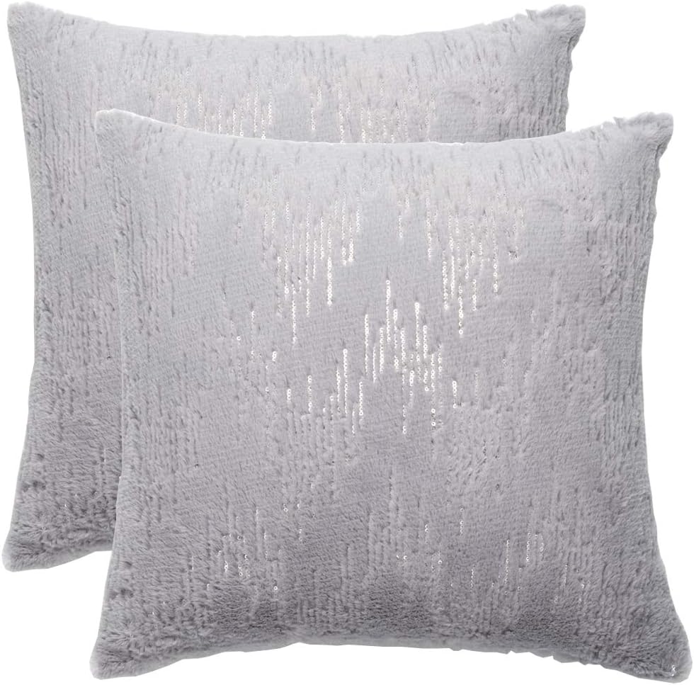 Throw Pillows Covers 18 x 18,Set of 2 Grey Fur With Silver Embroider Sequins Soft Throw Pillows for Couch Bed,Accent Home Decorative Square Cushions Cases Shams Pillowcases Farmhouse,45 x 45 CM