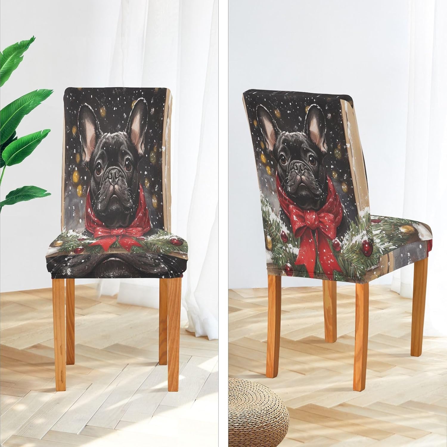 ALAZA Chair Covers for Dining Room, Black French Bulldog Christmas Scene Snow Stretch Chair Cover Sets Chair Protector Removable Washable for Ktichen Restaurant Hotel