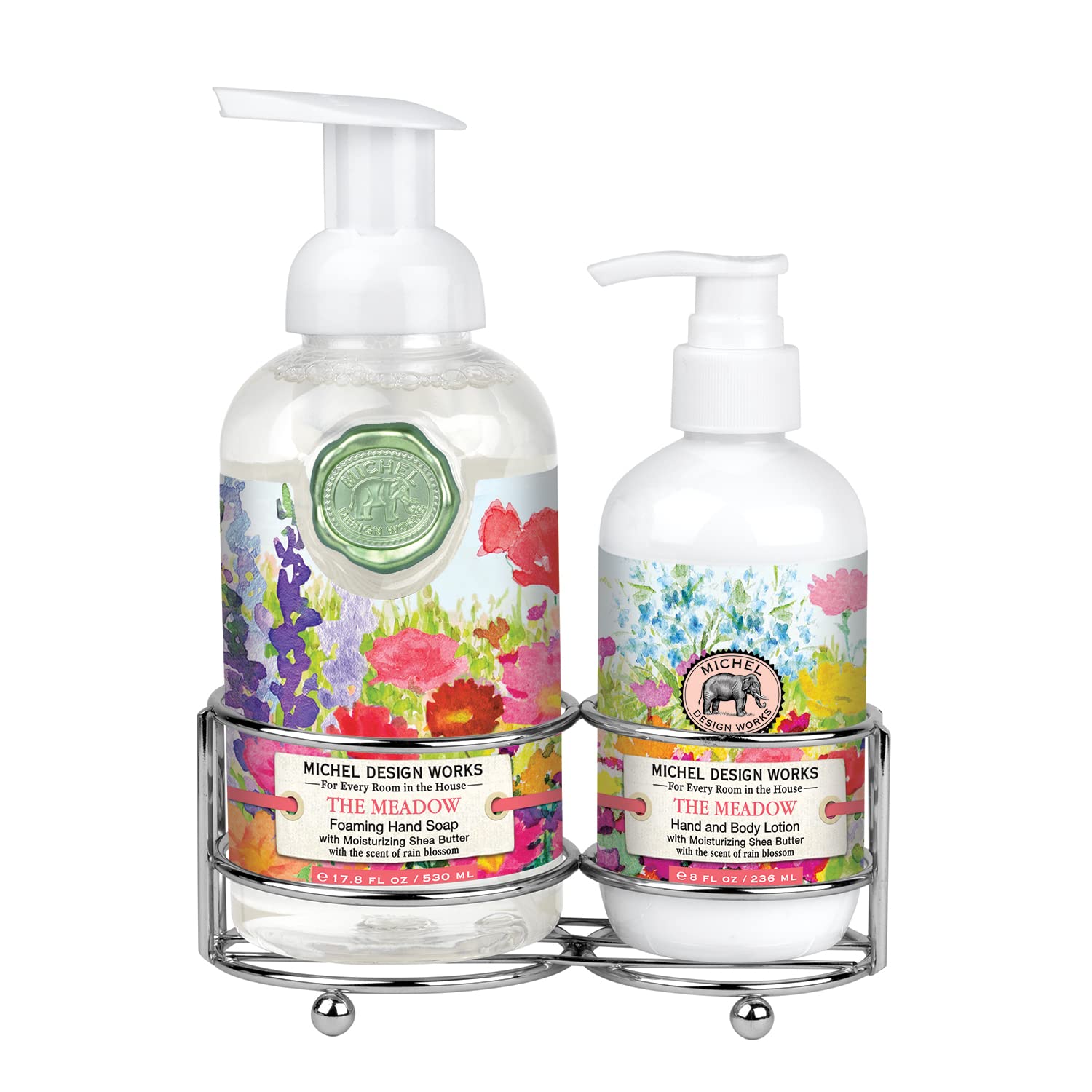 Michel Design WorksHandcare Caddy, The Meadow Design and Scent with 17.8oz Foaming Hand Soap and 8oz Rich Hand Lotion, Beautiful Containers with Pumps