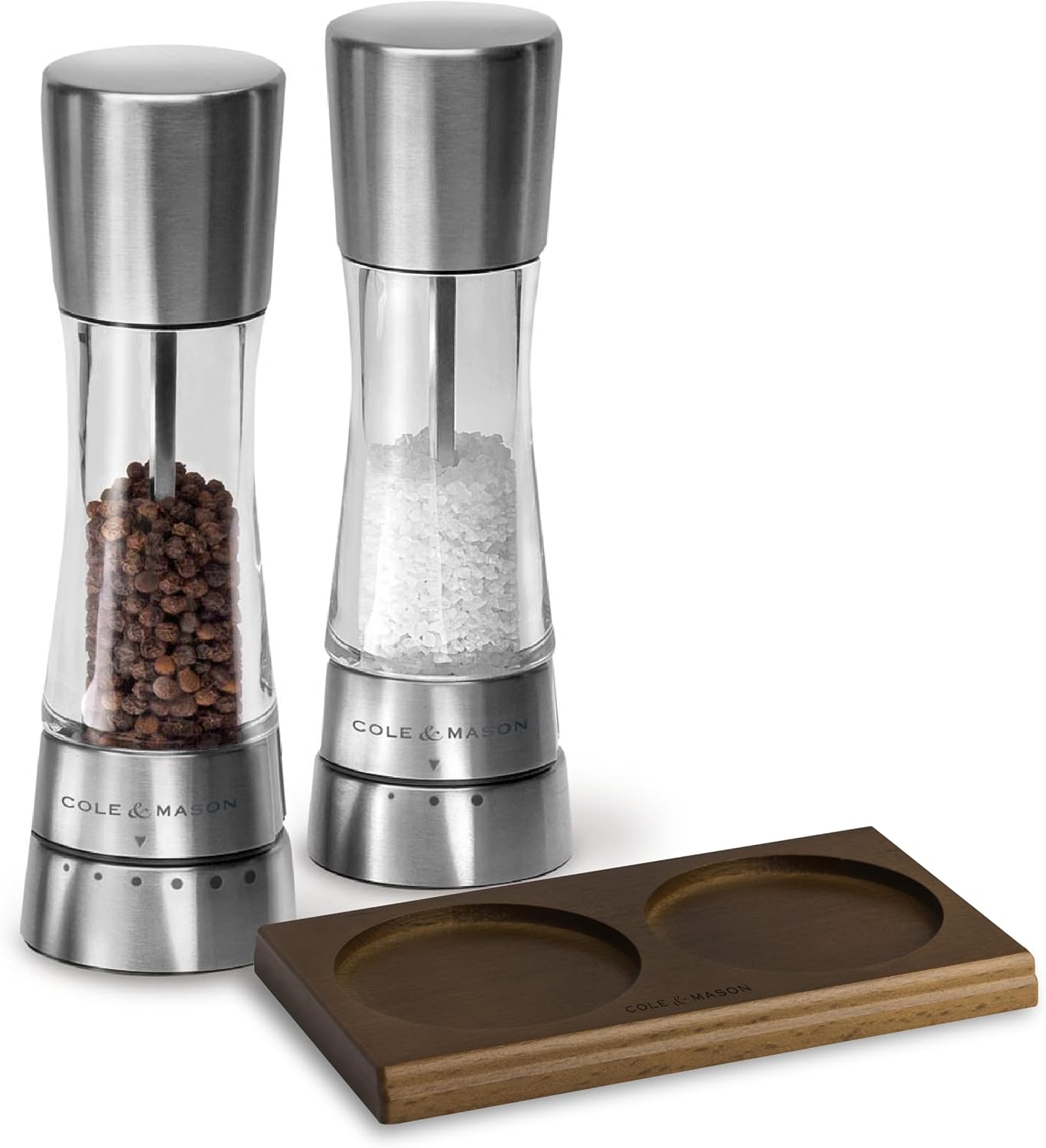 Cole & Mason Derwent Salt & Pepper Grinder Set with Tray - Salt & Pepper Grinder Set with Adjustable Grind Settings - Easily Refillable Spice Mills for Enhanced Taste - Stainless Steel