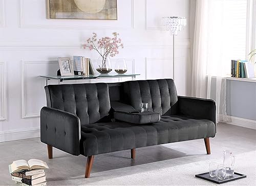Miniatura 4 de Cricklade - Sofá cama futón tapizado de terciopelo moderno de mediados de siglo para sala de estar con consola central y portavasos, color negro