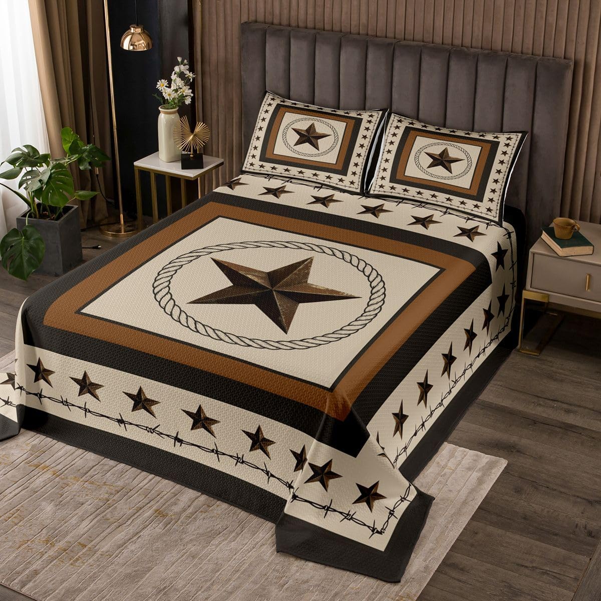 jejeloiu Western Texas Star Print Bedspread King Size Rustic Farmhouse Coverlet Set Vintage Country Star Pattern Quilted Coverlet for All Season with 2 Pillowcases Cowboy Microfiber Lightweight
