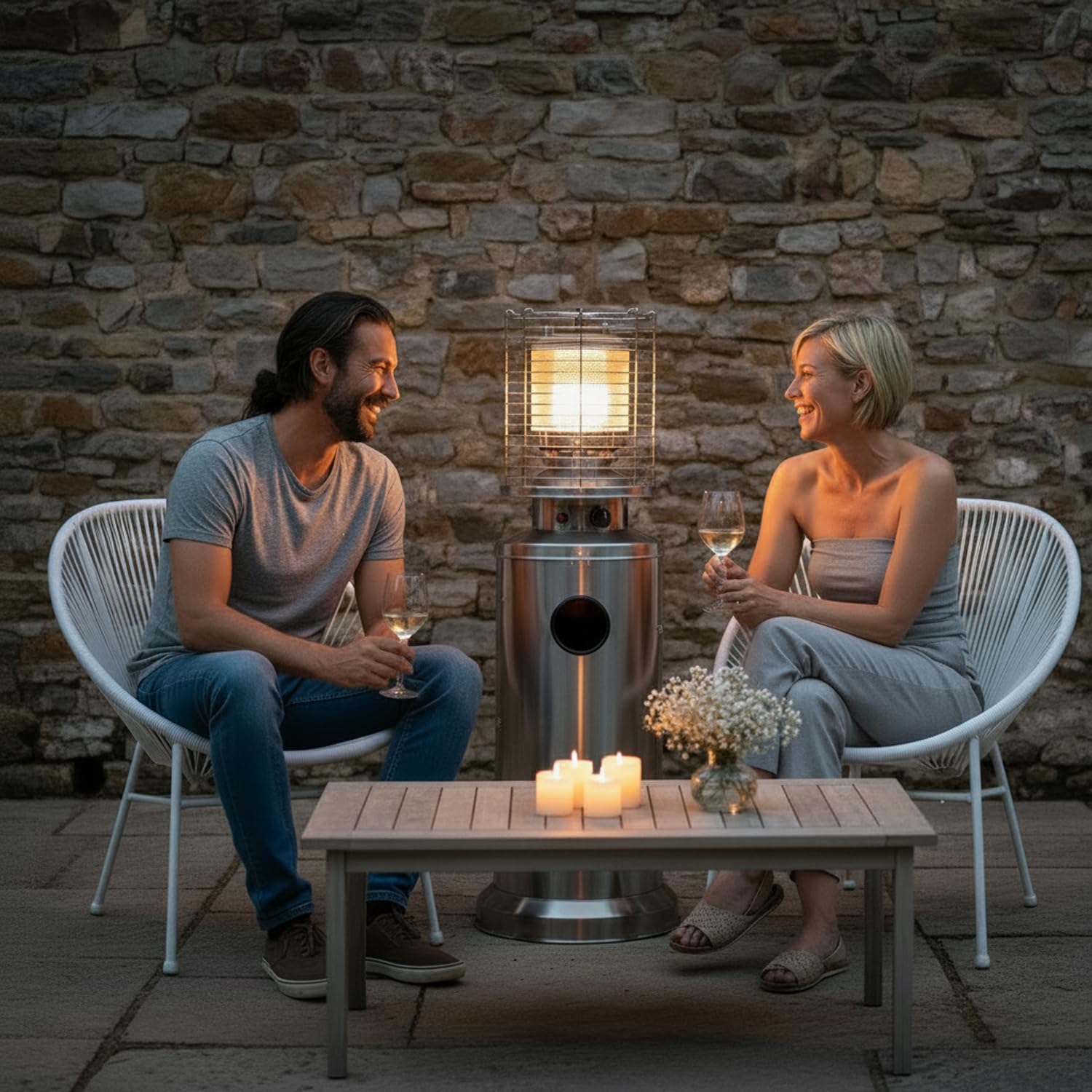 Marvin Stufa a Gas da Esterno, Riscaldatore Gpl Portatile con Ruote FIRE, Bruciatore Riscaldante Arredo, per Terrazzo Patio Giardino Locali Ristoranti Bar, In Acciaio Potenza 13 Kw (Acciaio Inox)