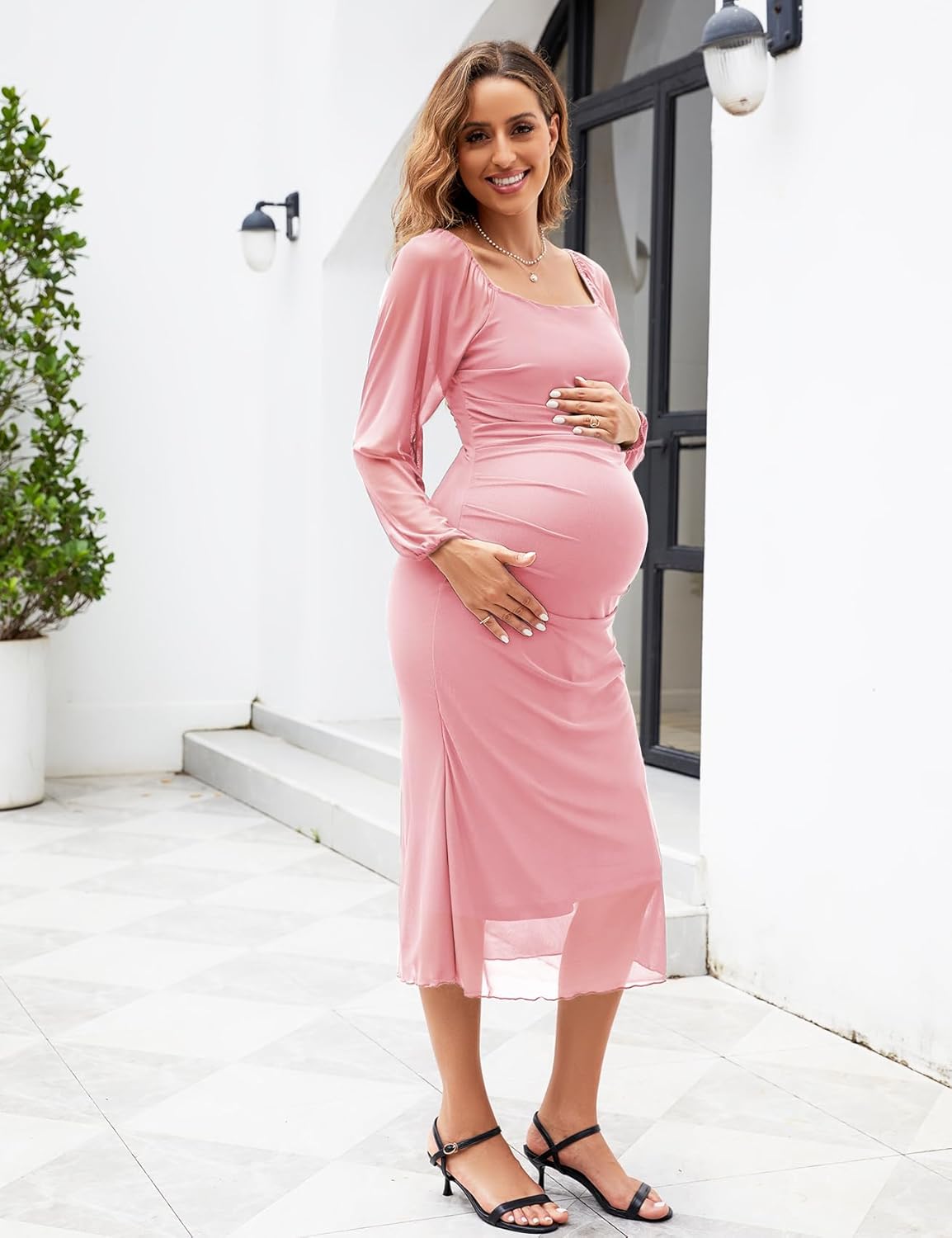 AISWI Mesh Ruched Maternity Dress Baby Shower Wedding Guest Pregnancy Shoot Fall Long Short Sleeves Square Neck