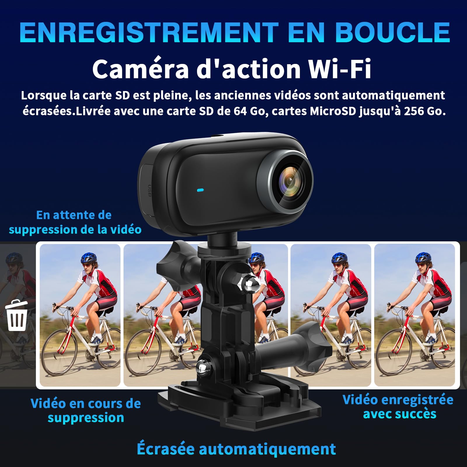 Caméra d'action WiFi 4K Étanche 150° Sportive avec Écran 1.3 Pouce et Batterie 3 Heures - Noir