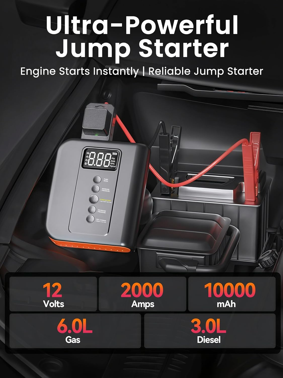 Battery Jump Starter with Air Compressor for Car, 10000mAh Portable Power Pack 150PSI Tire Inflotor, USB Charge, LED Light, for All Gas and Up to 8L Diesel Engines Jumper Box - Image 2
