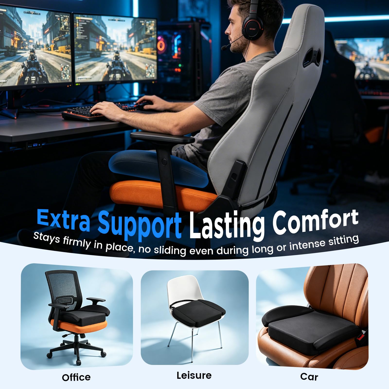 Coussin de Siège Gaming en Mousse à Mémoire de Forme, Coussin Ergonomique pour Voiture et Bureau, Antidérapant avec Housse Amovible, Noir