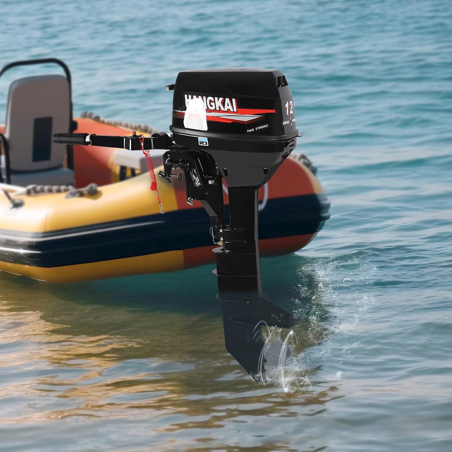 HANGKAI 12 HP Outboard Motor, 169CC 2 Stroke Heavy Duty Fishing Boat Engine Marine Engine, 360°Steering, W/6.34Gal Large Fuel Tank, CDI Ignition System, Long Shaft 4500-5500RPM(Load 2204 pound)