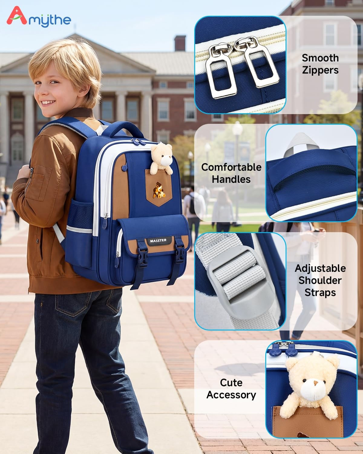 Amythe Zaino Scuola Elementare Bambino 6-10 Anni – Zaino Bambini Leggero (600g) Ergonomico con Fasce Riflettenti – Impermeabile per la Scuola, i Viaggi e il Quotidiano - Blu