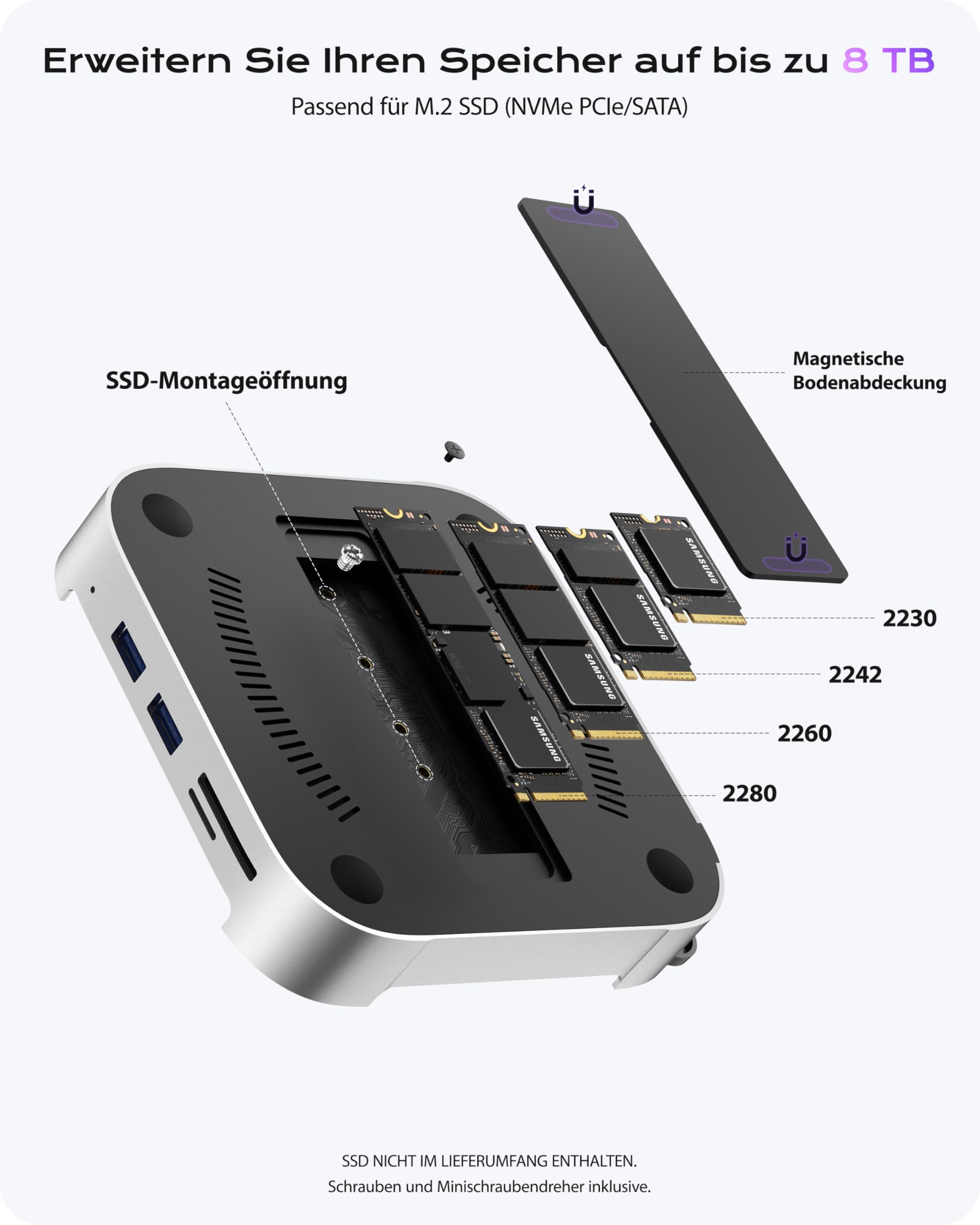 Stouchi Mac mini M4 Dock mit 8TB NVMe/SATA SSD-Gehäuse, 2X USB-A 10 Gbit/s, 4K HDMI, SD/TF-Slot, 2X USB-A Daten, Audio 3,5mm, Netzschalter & stabilem WLAN für Mac mini M5/M4 Pro(2024)