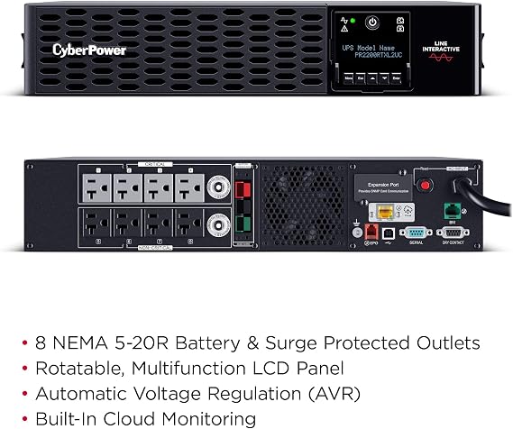 CyberPower PR2000RTXL2UC Smart App Sinewave UPS Battery Backup | 2000VA/2000W, 8 Outlets, 2U Rack/Tower, Built-in Cloud Monitoring, EBM Option, UL Certified