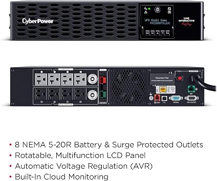 CyberPower PR2000RTXL2UC Smart App Sinewave UPS Battery Backup | 2000VA/2000W, 8 Outlets, 2U Rack/Tower, Built-in Cloud Monitoring, EBM Option, UL Certified