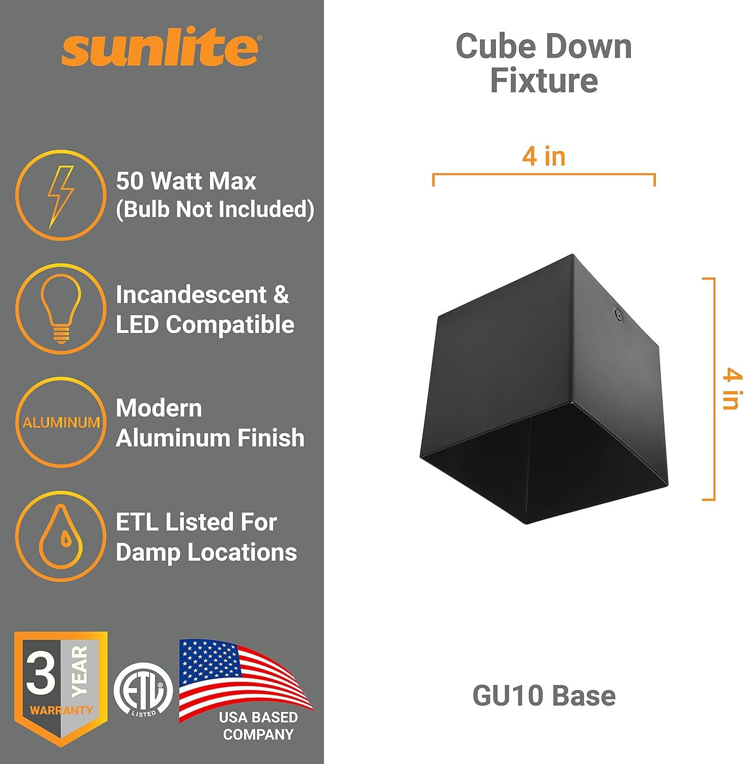 Sunlite 90159 4 Inch Modern Cube Ceiling Spotlight, Matte Black Finish, Aluminum Shade, Minimalist Design Downlight, 50 Watts Max, GU10 LED Bulb (Not Included), 120V, Living Room & Entryways