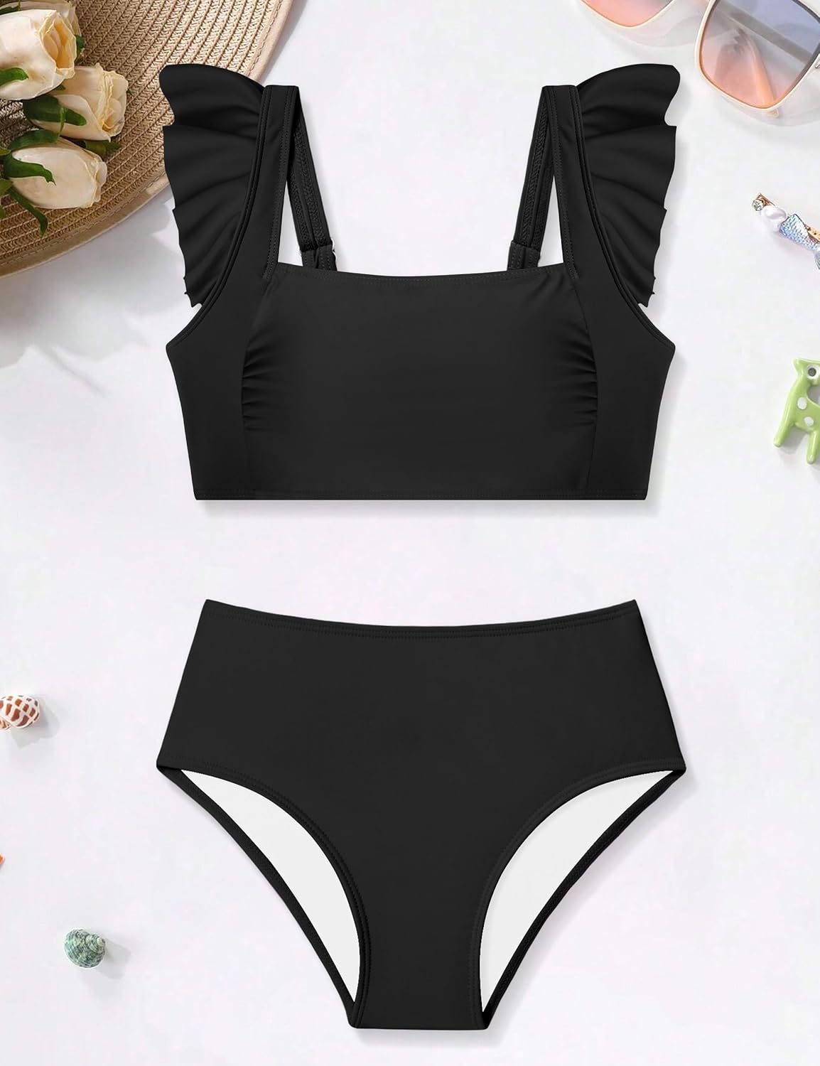 Girls 2 Piece Swimsuit Square Neck Ruched Ruffle Trim Bikini Sets Adjustable Straps Bathing Suit for Teen Girls 9-16Y - Image 5