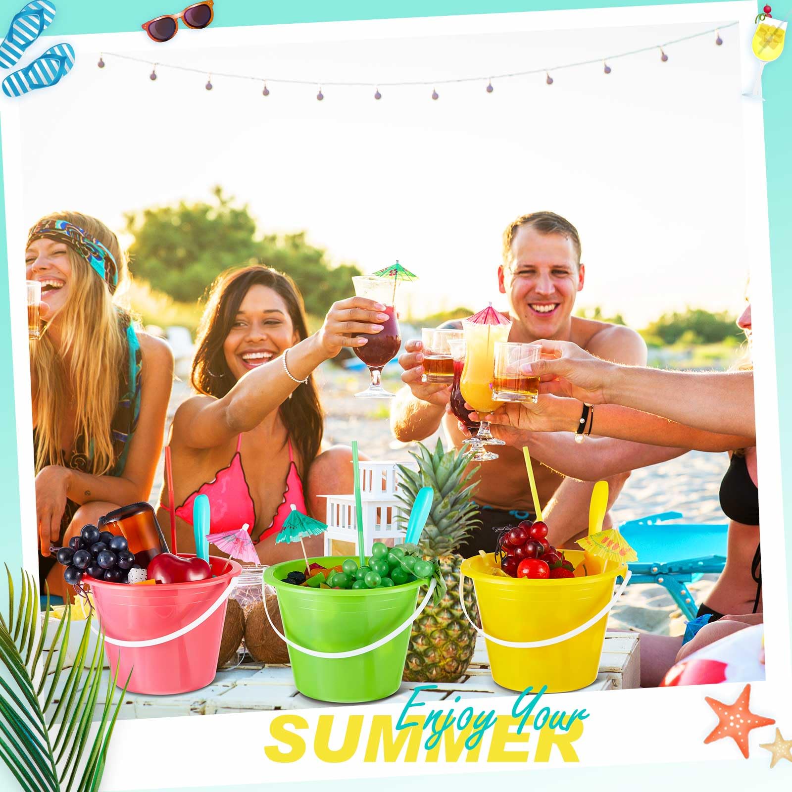 Juego de 15 cubos de plástico para ron de 68 onzas, cubos de hielo para cóctel, cubos grandes para bebidas con pajitas y palas, paraguas con asa para fiesta de verano, bar, vino, cerveza 4