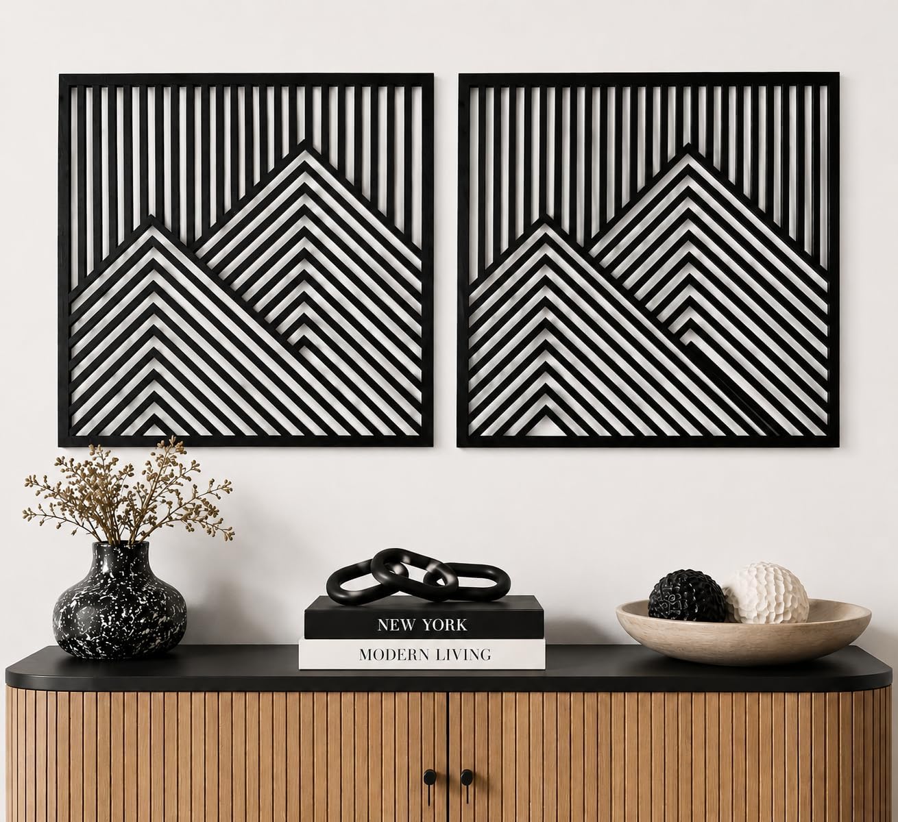River's Edge Essentials Wood Mountain Wall Decor – Modern Wood Wall Art for Living Room, Bedroom & Cabin | Wooden Mountain Wall Art Decor | Rustic Geometric Nature Panels, Set of 2 - Large 21.5”