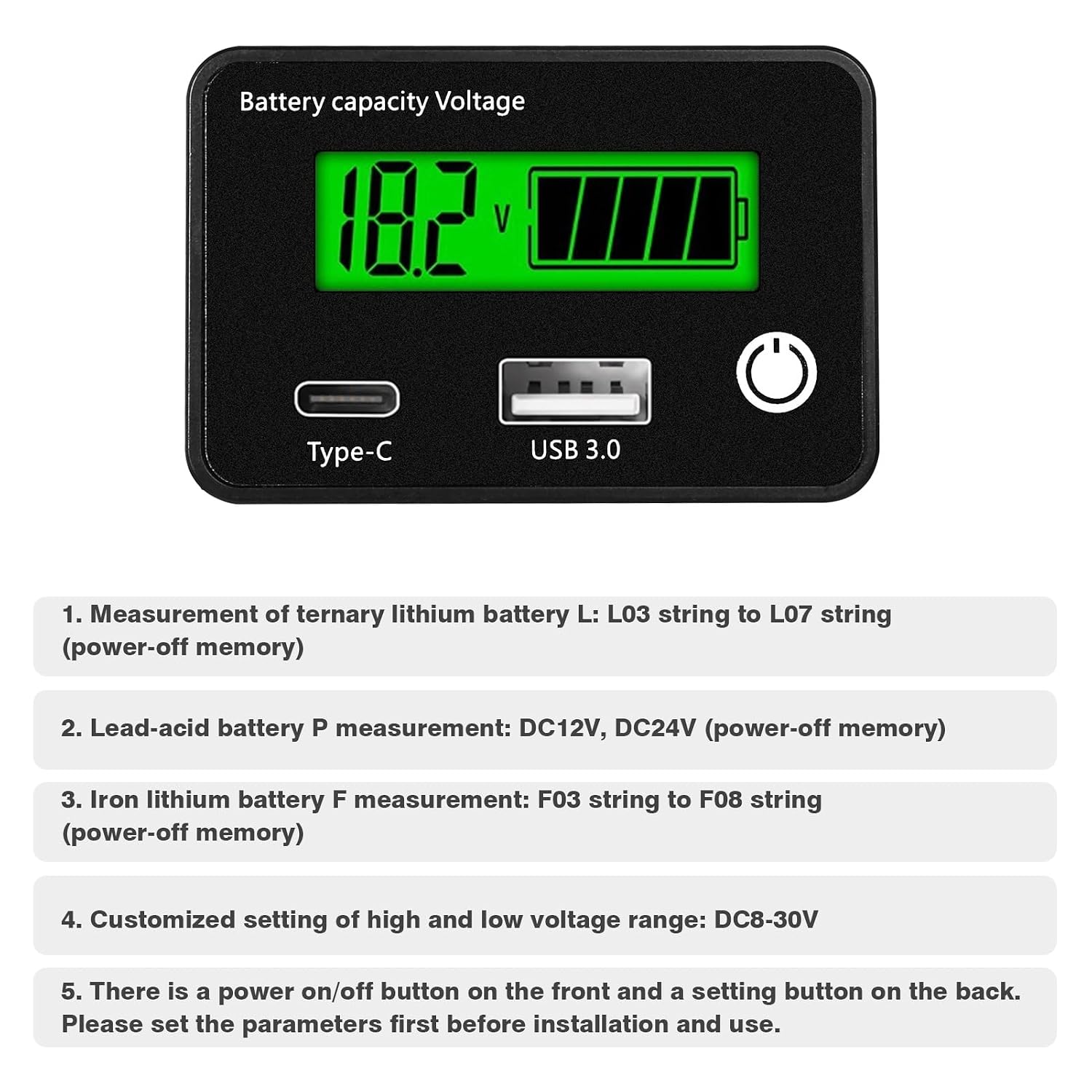 DEWIN LCD Battery Capacity Monitor displaying different battery measurement types (ternary lithium, lead-acid, iron lithium) and highlighting the power-off memory function.