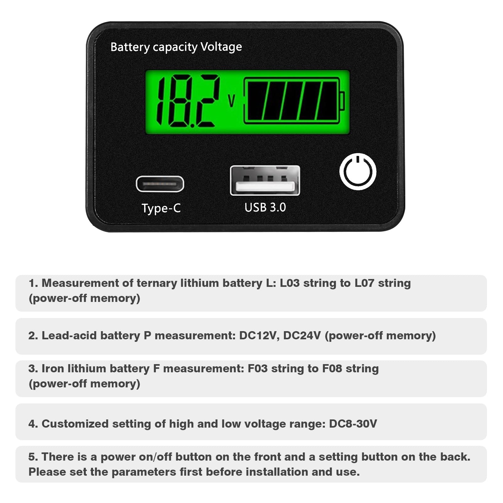 DEWIN Indicatore Di Capacità Batteria DC 8-100V – Misuratore A LED Per Batterie Al Litio E Piombo-Acido, Con Protezione Inversione E Memoria