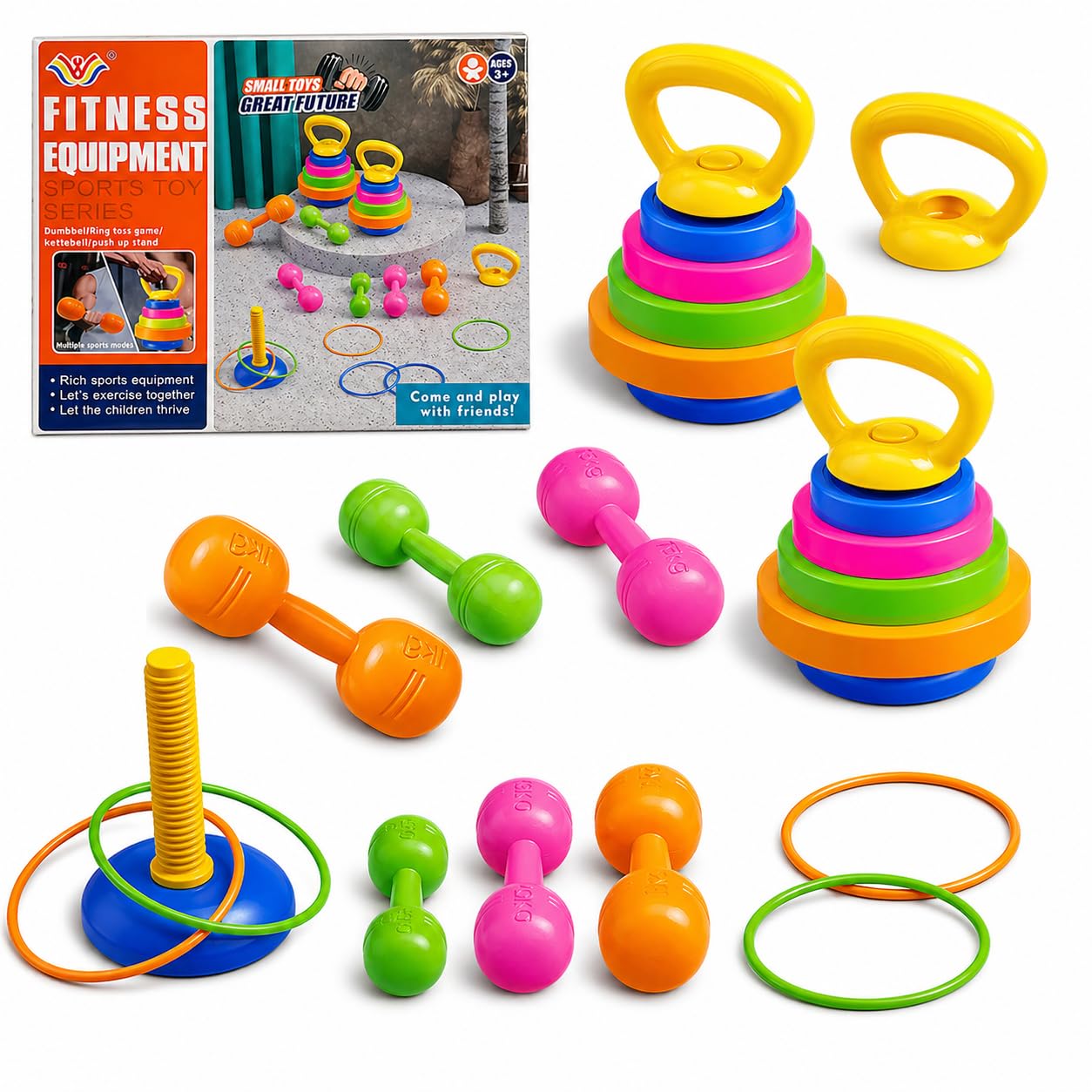 Toyana 3-in-1 Kids Weights Set - 44 PCs Dumbbell, Kettlebell & Ring Toss Game for Children, Toy Workout & Fitness Set - Colourful Sensory Play Equipment for Boys and Girls 3+ Years โ image 1