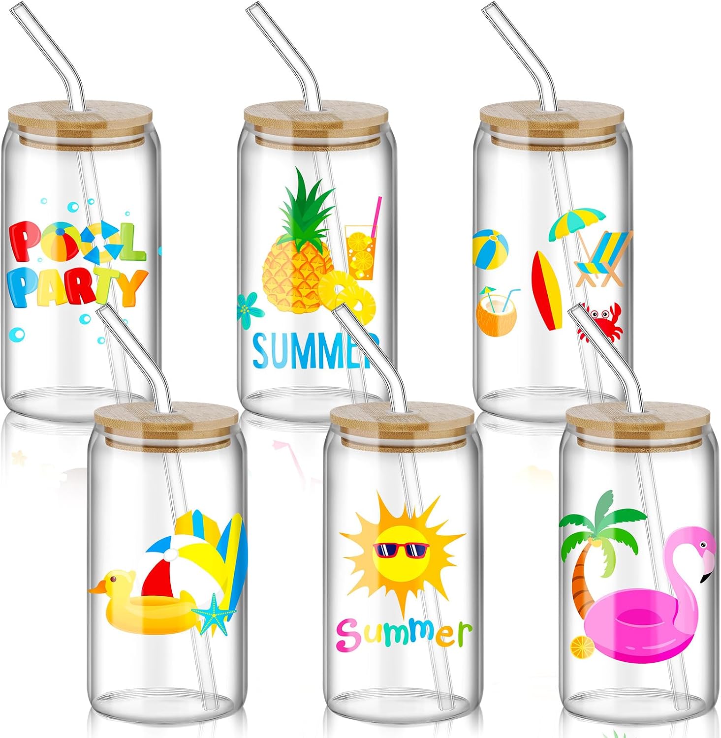 Layhit 6 Pcs Hawaiian Party Drinking Glass Cups Can Shaped Tropical Tiki Hibiscus Flamingos Coconut Iced Coffee Glass Cups with Lids and Straws for Hawaiian Luau Summer Drinkware Beverage Juice