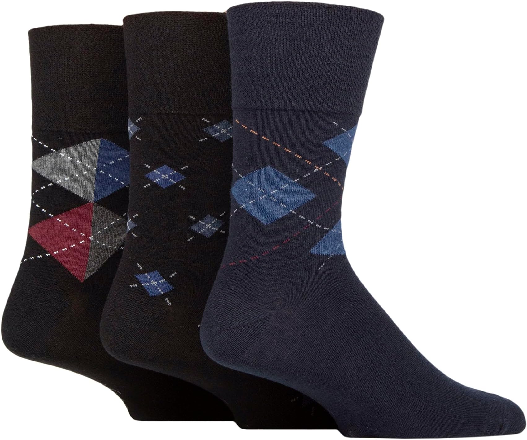 Gentle Grip Mens Soft Comfy Honeycomb Top Argyle Patterned Striped Cotton Socks Pack of 3 Size 6-11 (UK, Numeric, 6, 11, Regular, Regular, Argyle Bold/Repeat/Navy)