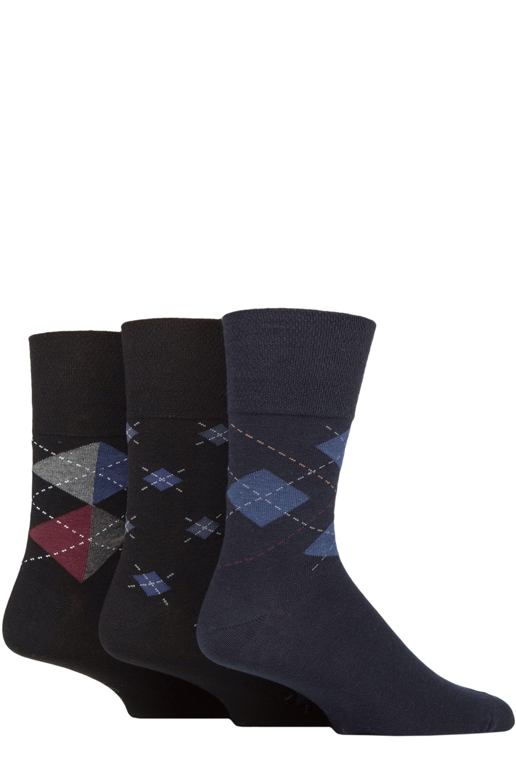Gentle Grip Mens Soft Comfy Honeycomb Top Argyle Patterned Striped Cotton Socks Pack of 3 Size 6-11 (UK, Numeric, 6, 11, Regular, Regular, Argyle Bold/Repeat/Navy)